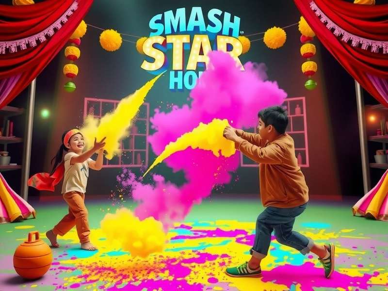 Smash Star Holi event showing colorful fights with powder splashes and festival decorations